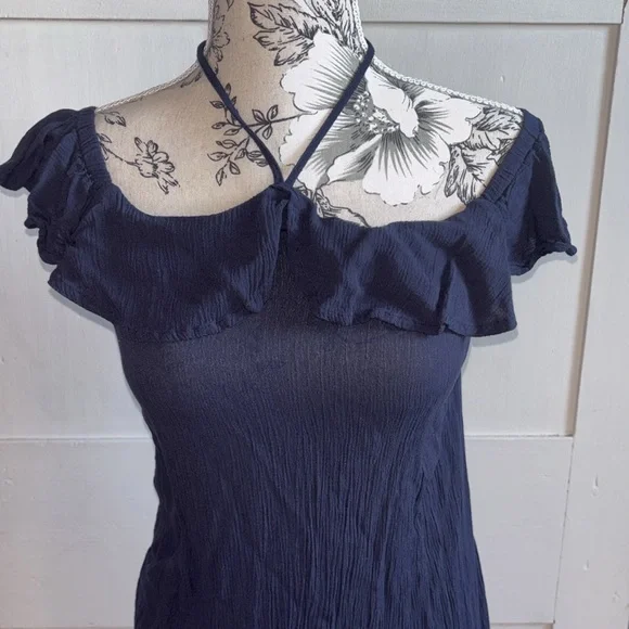 Blue Halter Top Summer Dress Flirty Floral Embroidery Ruffle Off Shoulder XS - Picture 2 of 9